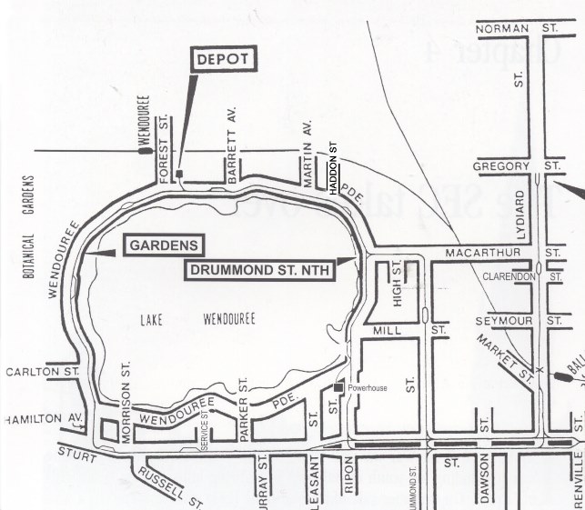 Map of tram tracks and the loops in the Electric Supply Co. of Victoria era. Haddon St is in the top centre of the track around the Lake. From "The Golden City and its Tramways" - Ballarat Tramway Museum.