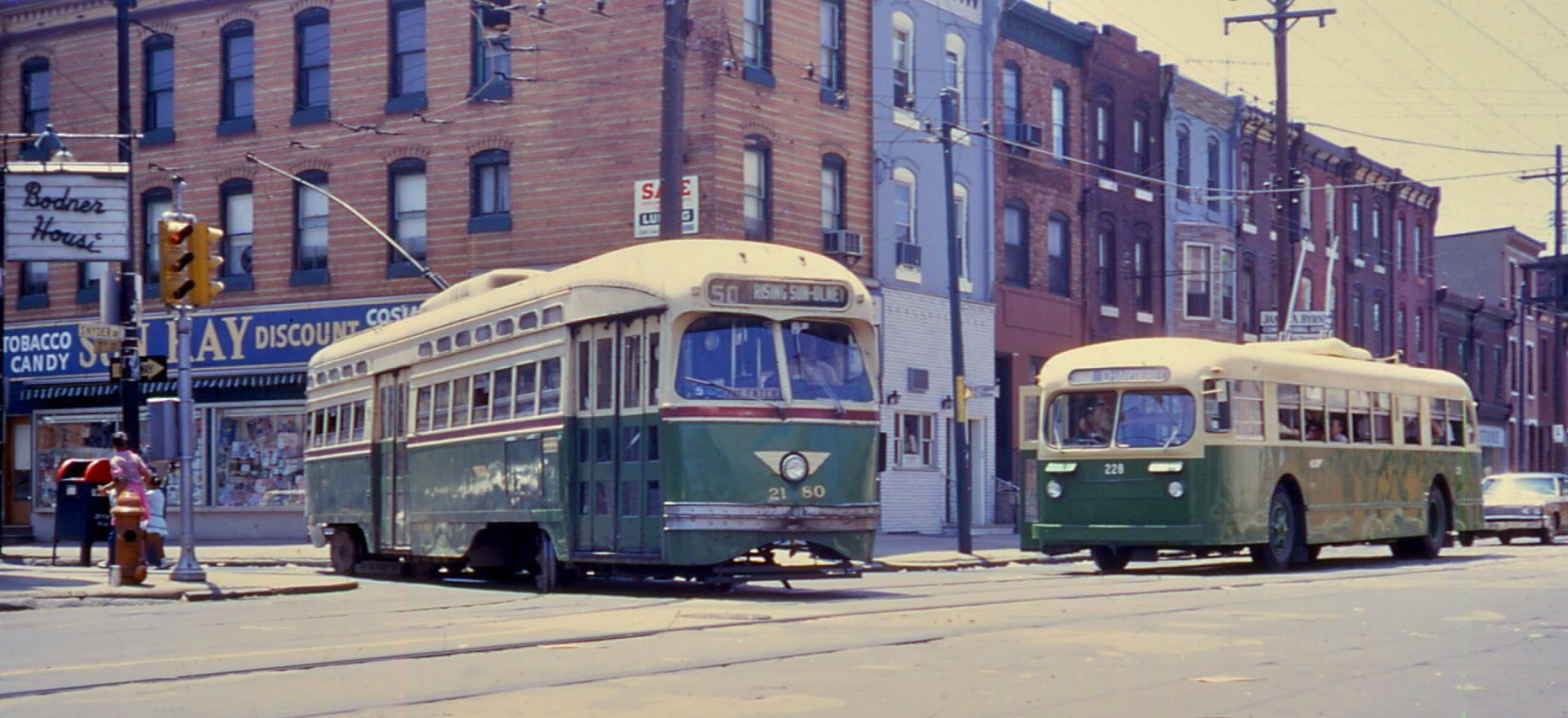 The PTC in 1968 with a PCC car and a trolley bus.
