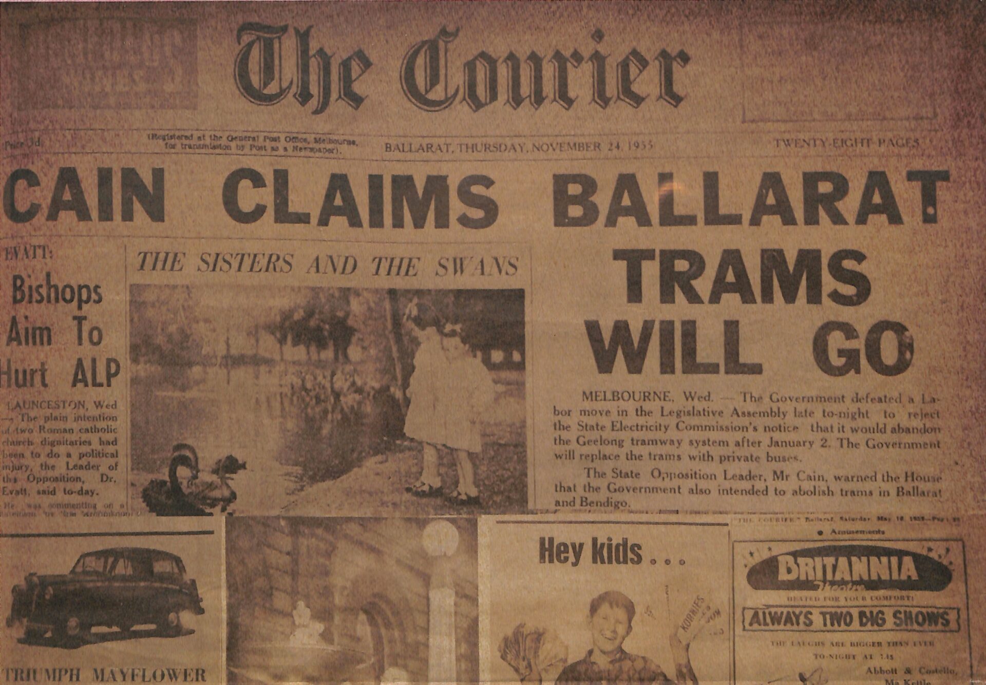Front page of The Courier 24-11-1955 about the possible closure of the Ballarat and Bendigo systems.