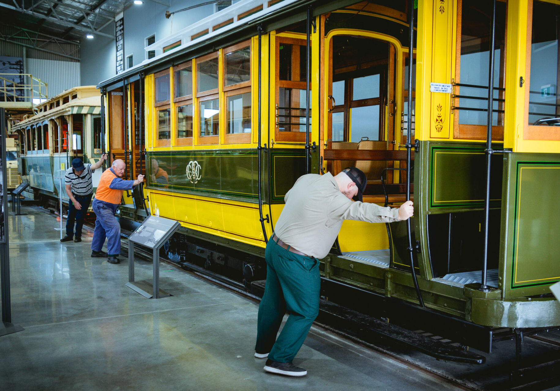 Geelong Tram No. 2 is only used a couple of times each year. On Australia Day 2025 a small team of four pushed it outside ready to take passengers.