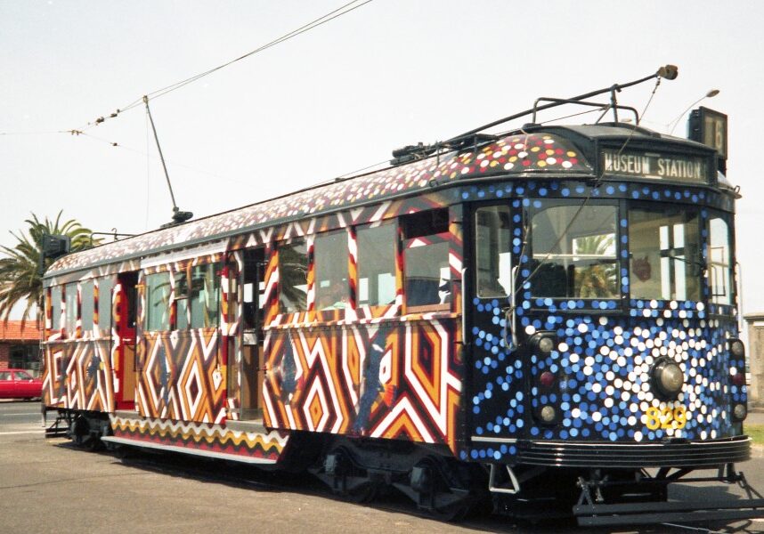 Transporting Art tram 829 - Lin Onus at Middle park 3/12/1991 - Photo Bob Wilson.