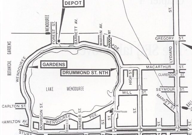 Map of tram tracks and the loops in the Electric Supply Co. of Victoria era. Haddon St is in the top centre of the track around the Lake. From "The Golden City and its Tramways" - Ballarat Tramway Museum.