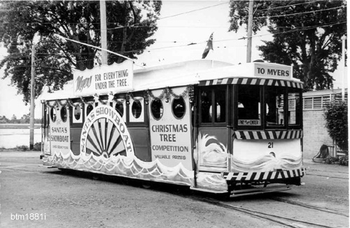 No 21 at the depot, 16/11/1968. For a photo of the tram, "recycled" as the showboat, see our Online Exhibition page "Ballarat Botanic Gardens and its Trams".

Photo Bob Prentice.