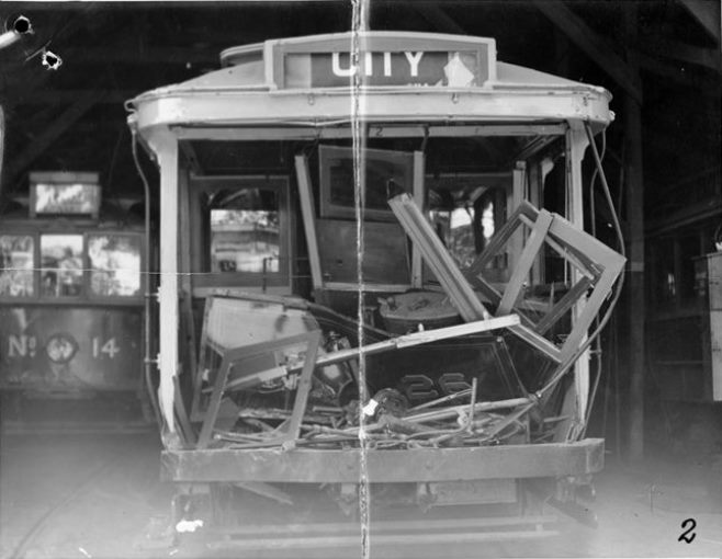 The scrubber and No. 26 back at the depot after the collision. The scrubber tram bumper bar over rode the bumper bar of No. 26.