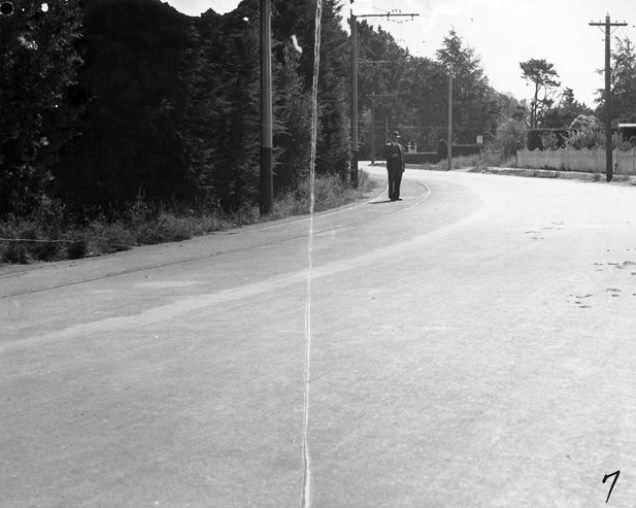 The man standing in the photograph shows the point of the collision in Wendouree Parade, looking to the east and then west respectively.