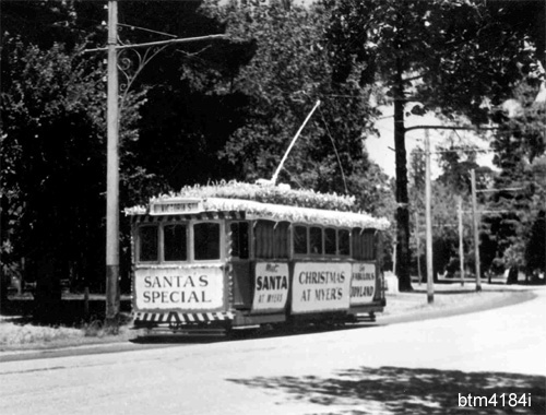 No. 32, as the Myers Christmas Tram, 1967, Wendouree Parade.

Photo Jim Seletto.
