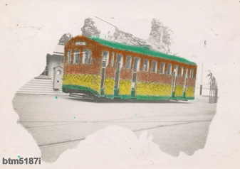 From a postcard of the 1939 Floral Tram rendered in colour within an outline of a Map of Australia.