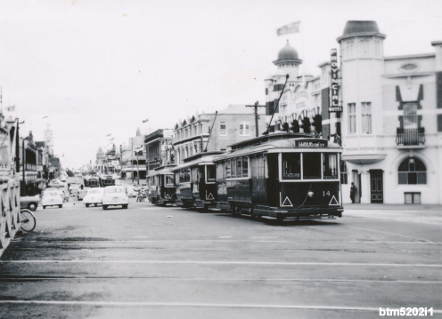 On the day of the visit of the Queen Mother, eight trams are seen lined up at 11AM waiting for the special trains to arrive and take people to the Gardens for the Begonia Festival. Sunday 2 March 1958.

Photo Wal Jack.